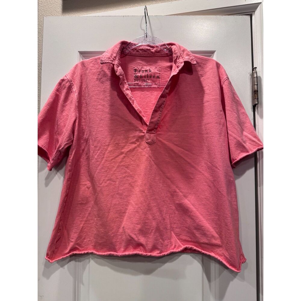Frank & Eileen Charlotte Perfect Polo S Pink Cotton Raw Hem Shirt